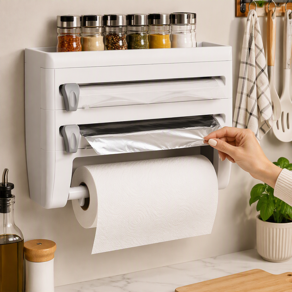Dispensador Multifuncional de Cocina 4 en 1 | Organizador de Papel, Aluminio y Film