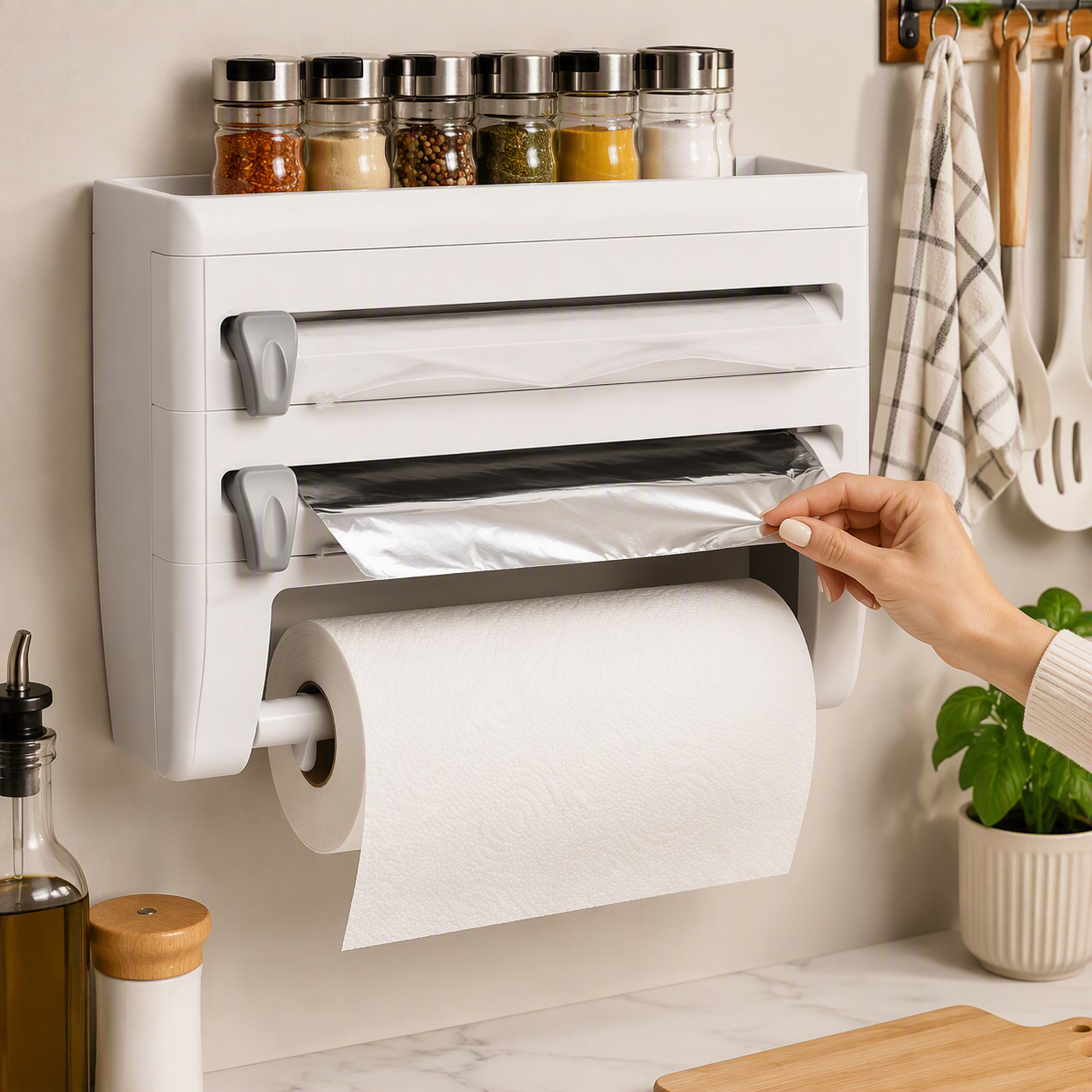 Dispensador Multifuncional de Cocina 4 en 1 | Organizador de Papel, Aluminio y Film