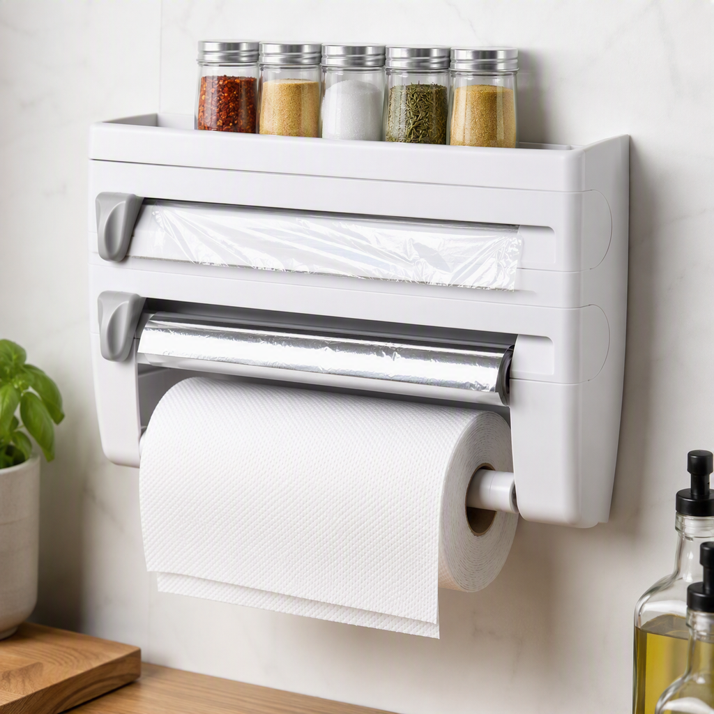 Dispensador Multifuncional de Cocina 4 en 1 | Organizador de Papel, Aluminio y Film